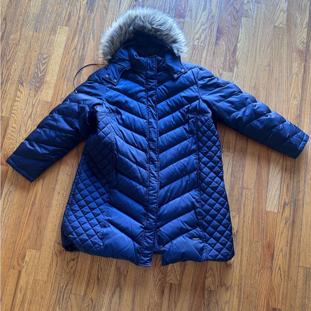 Kenneth Cole Navy Quilted Jacket with Faux Fur Hood